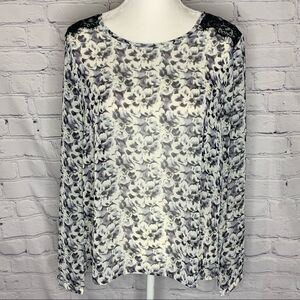 Lumiere Black and white floral semi-sheer lace shoulder long sleeve top